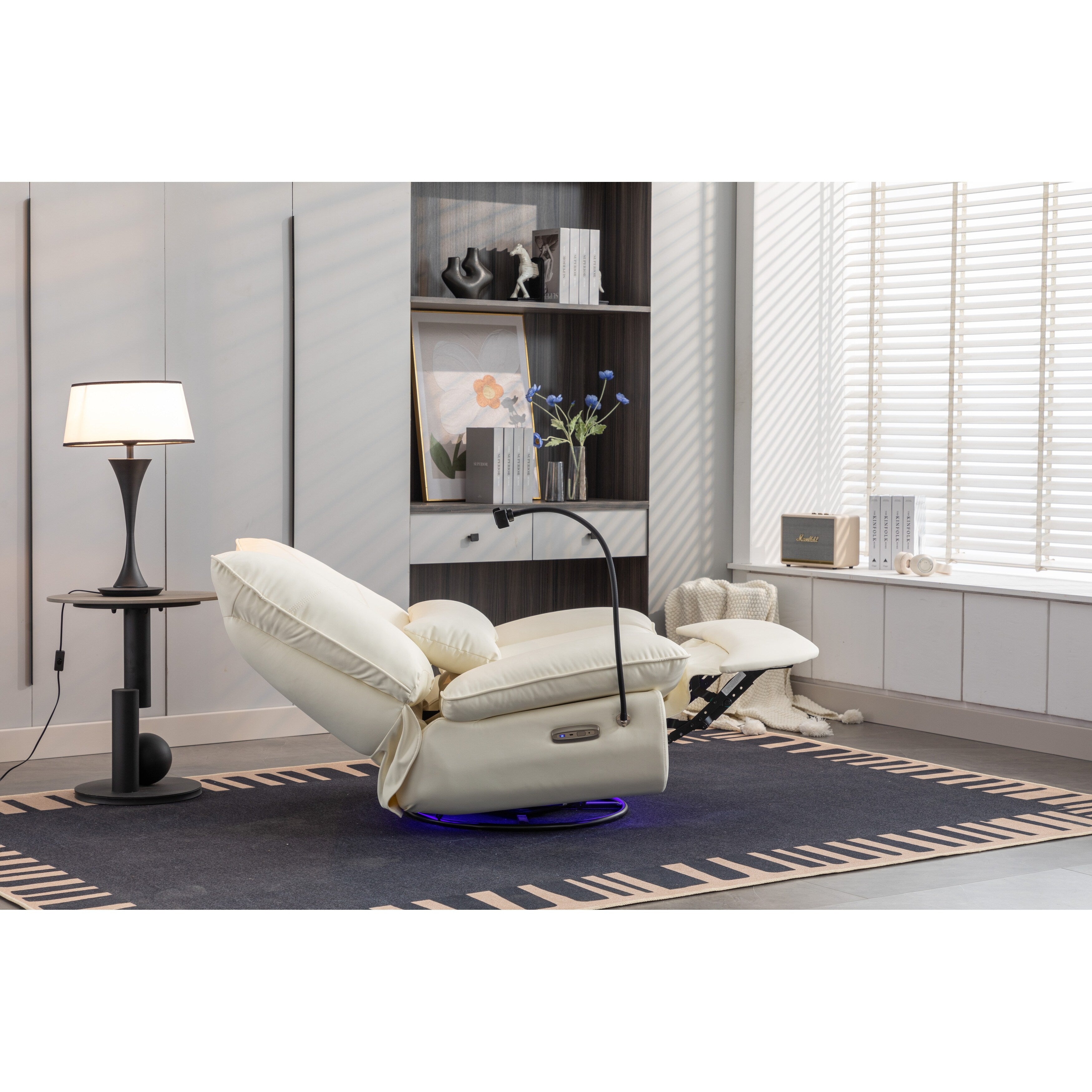 Poltrona reclinabile elettrica girevole con altoparlanti Bluetooth, supporto per telefono, porte di ricarica USB e Type-C, vano portaoggetti nascosto nel bracciolo