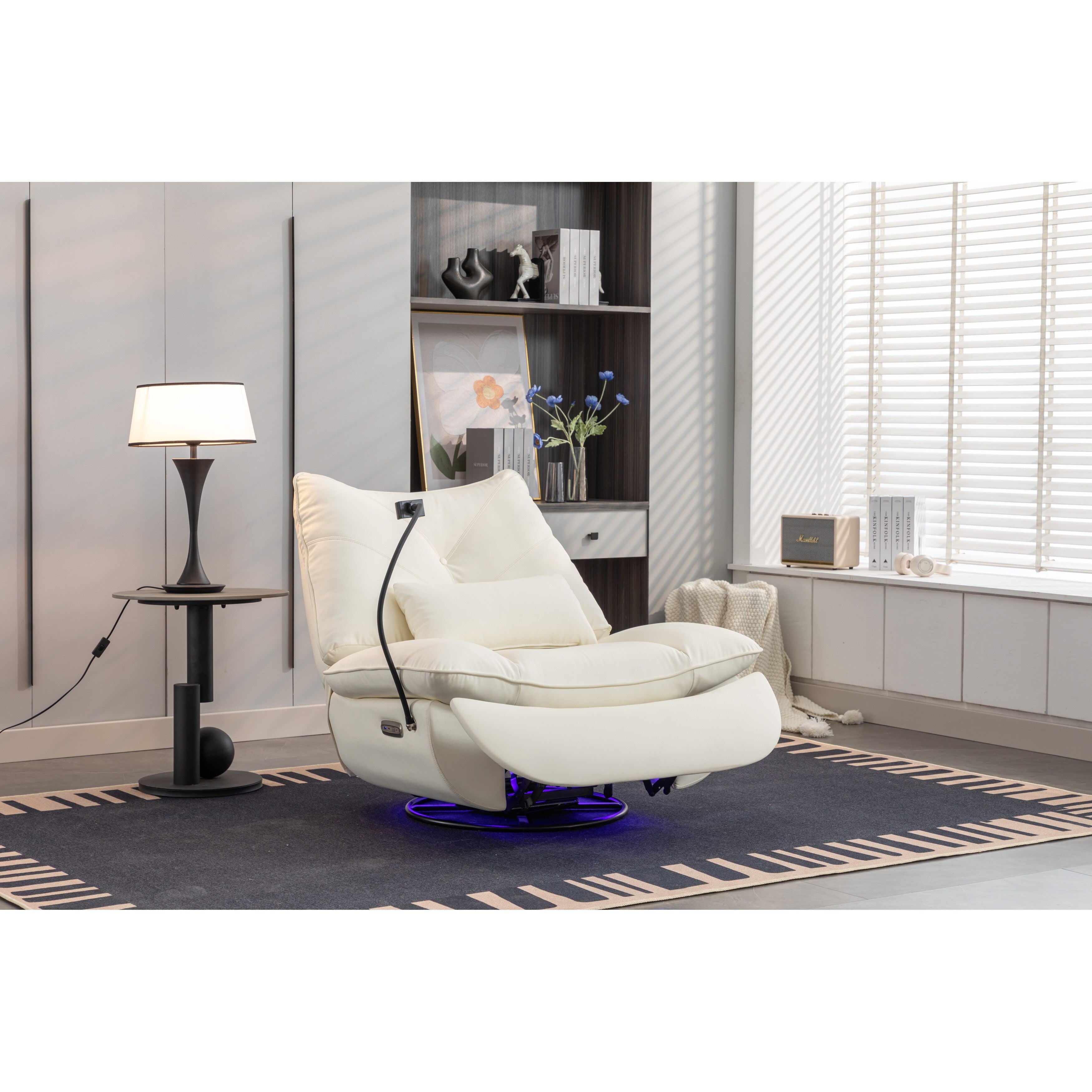 Poltrona reclinabile elettrica girevole con altoparlanti Bluetooth, supporto per telefono, porte di ricarica USB e Type-C, vano portaoggetti nascosto nel bracciolo