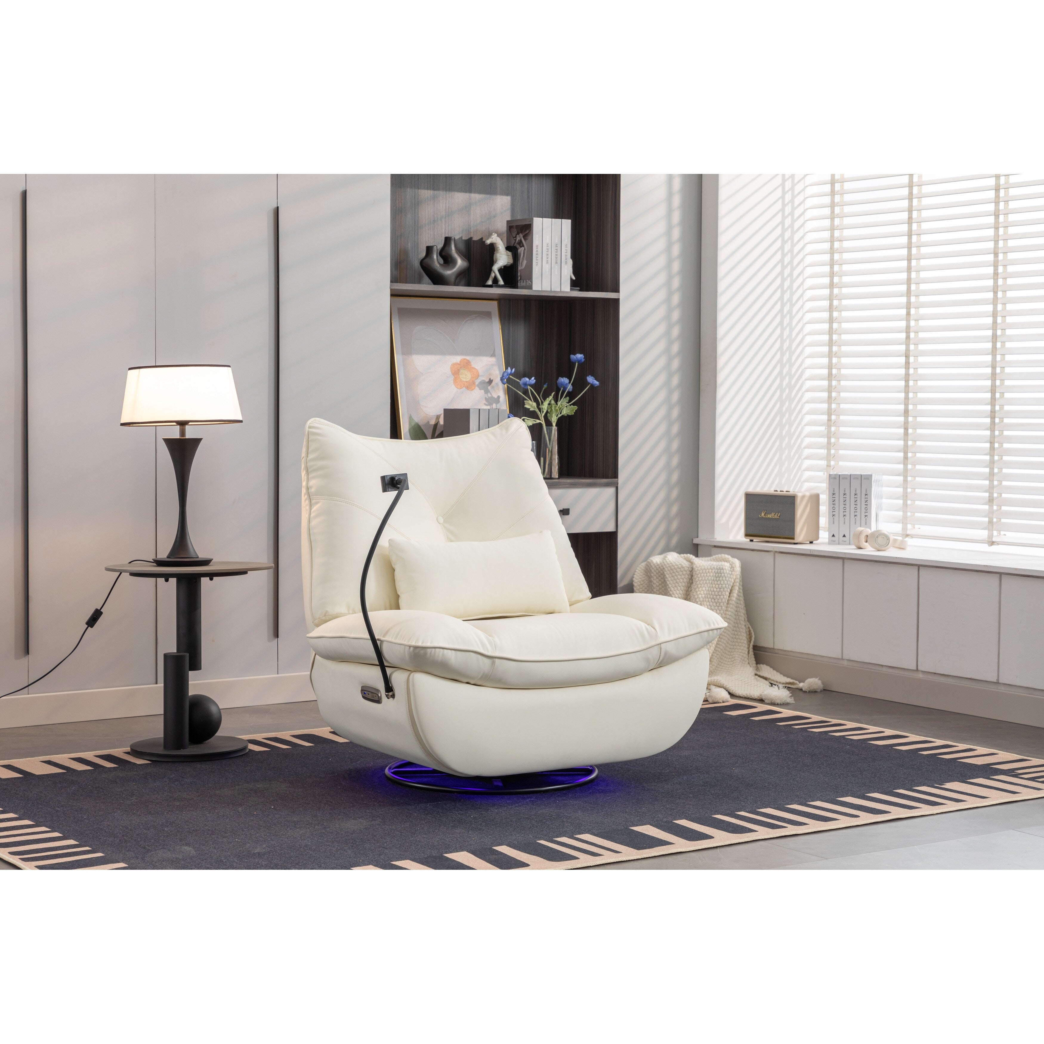 Poltrona reclinabile elettrica girevole con altoparlanti Bluetooth, supporto per telefono, porte di ricarica USB e Type-C, vano portaoggetti nascosto nel bracciolo