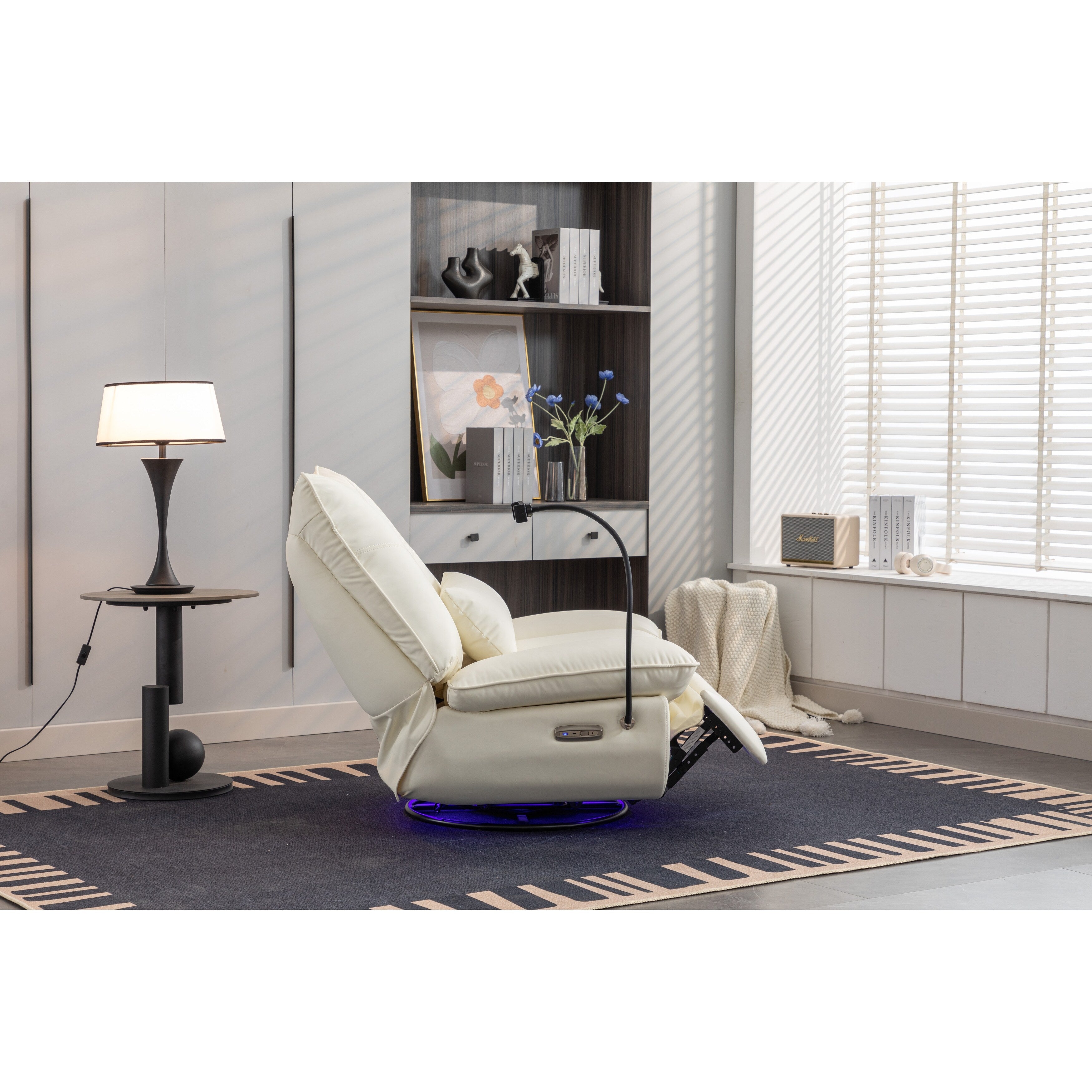 Poltrona reclinabile elettrica girevole con altoparlanti Bluetooth, supporto per telefono, porte di ricarica USB e Type-C, vano portaoggetti nascosto nel bracciolo