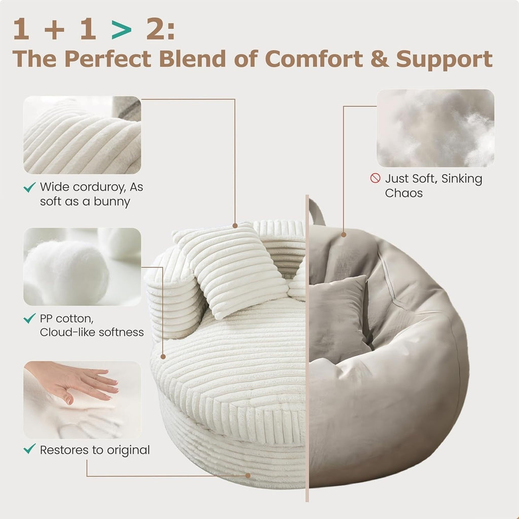 WOWMAX 47 Poltrona Chaise Longue Rotonda da Interno, Divano da Pavimento Imbottito in Velluto a Coste, Poltrona Letto Oversize con 2 Cuscini