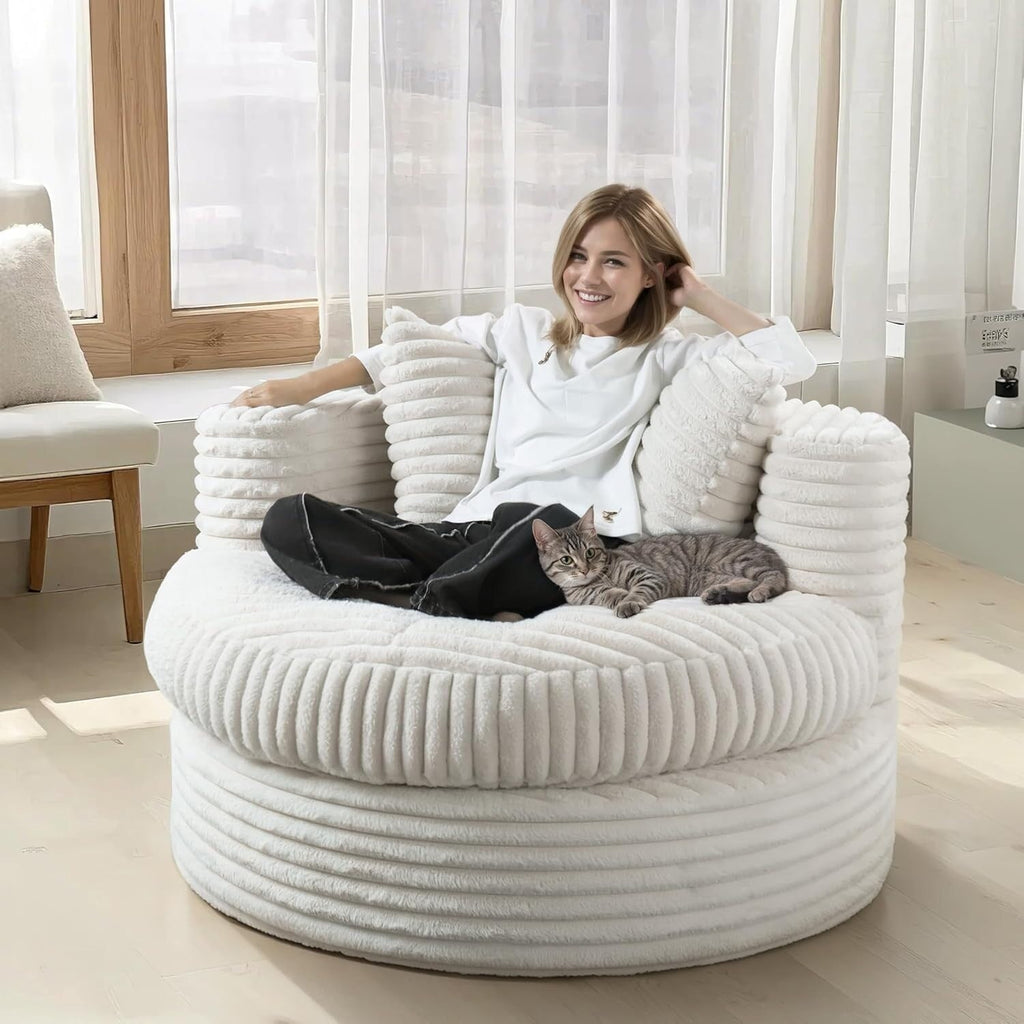 WOWMAX 47 Poltrona Chaise Longue Rotonda da Interno, Divano da Pavimento Imbottito in Velluto a Coste, Poltrona Letto Oversize con 2 Cuscini