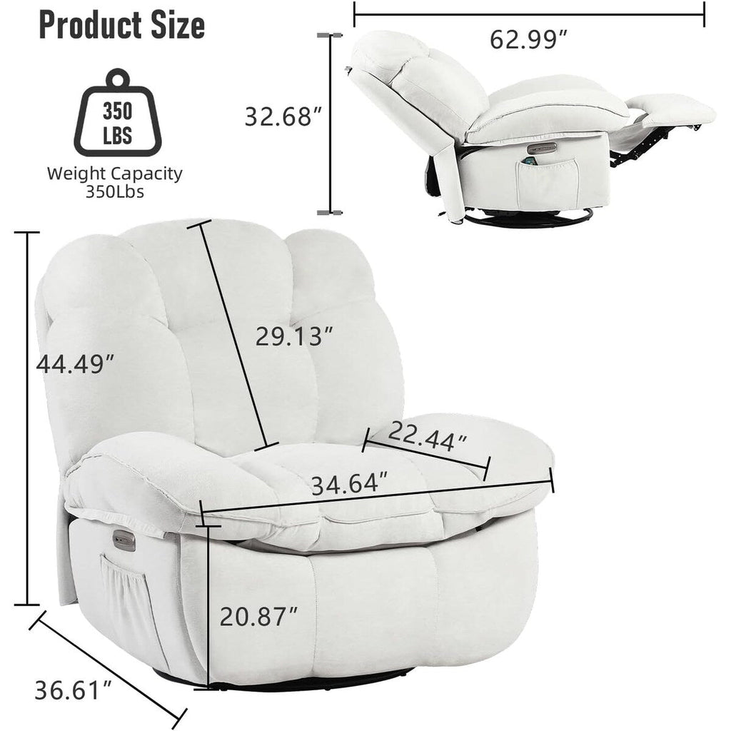 Poltrona reclinabile elettrica girevole XINMICS, poltrone reclinabili massaggianti con riscaldamento, USB, USB-C e tasca laterale